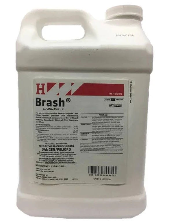 Brash herbicide by WinField in a white jug with a molded handle, screw cap, and red-and-white label.