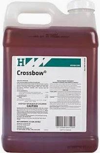 Crossbow herbicide jug containing reddish-brown liquid, with a molded handle, white cap, and green-and-white label.