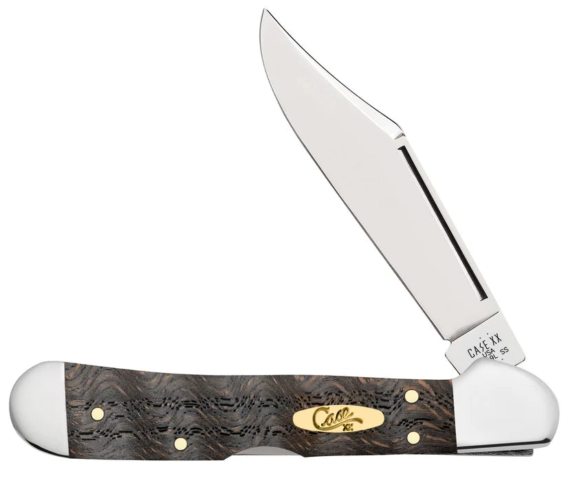 Case Smooth Black Curly Oak Wood Mini CopperLock knife with locking Clip blade