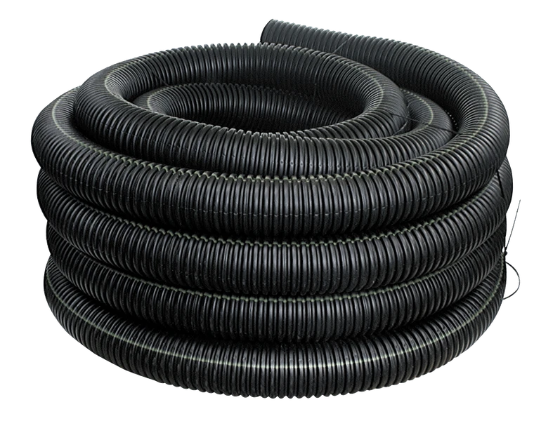 Coil of black corrugated drainage pipe.