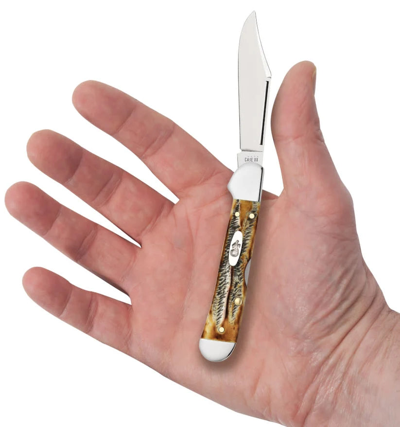 Case 6.5 BoneStag Mini CopperLock knife held in a hand with Clip blade open