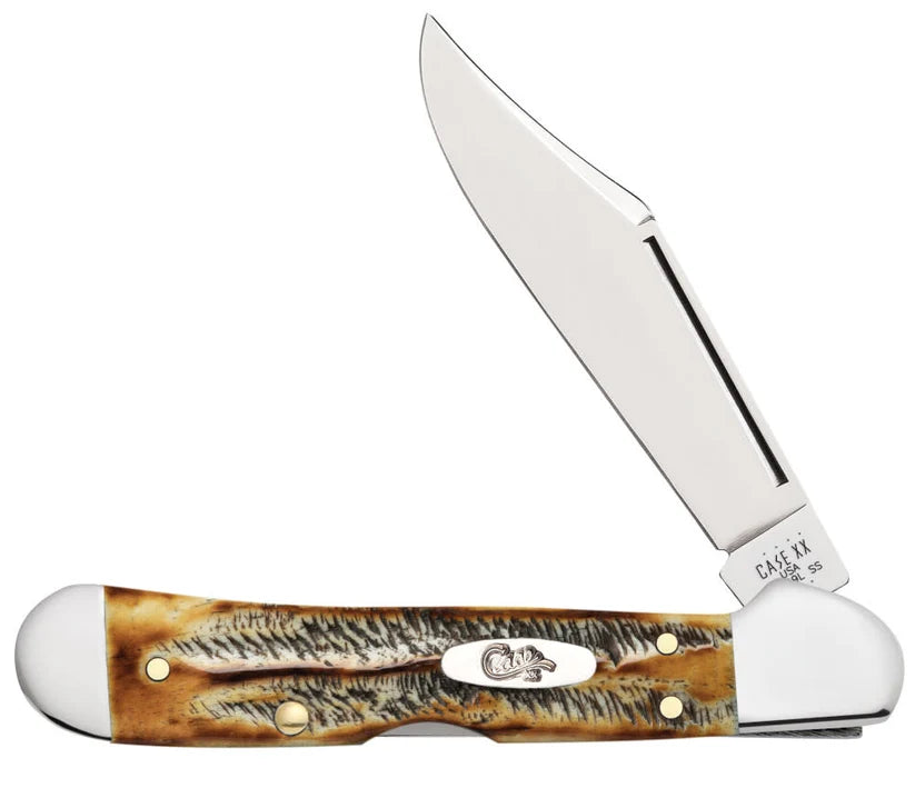 Case 6.5 BoneStag Mini CopperLock knife with Clip blade partially open and oval Case shield